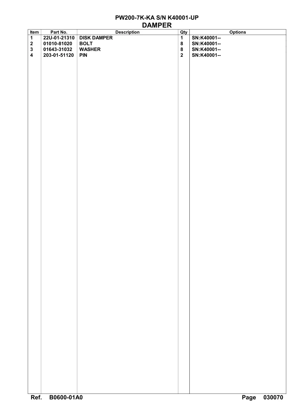 pw200 7k ka s n k40001 up damper description