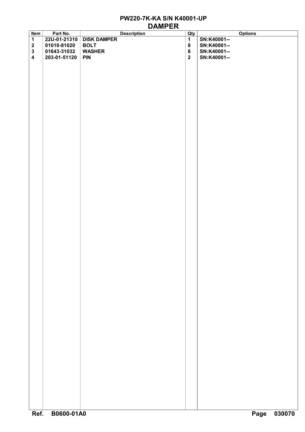 pw220 7k ka s n k40001 up damper description