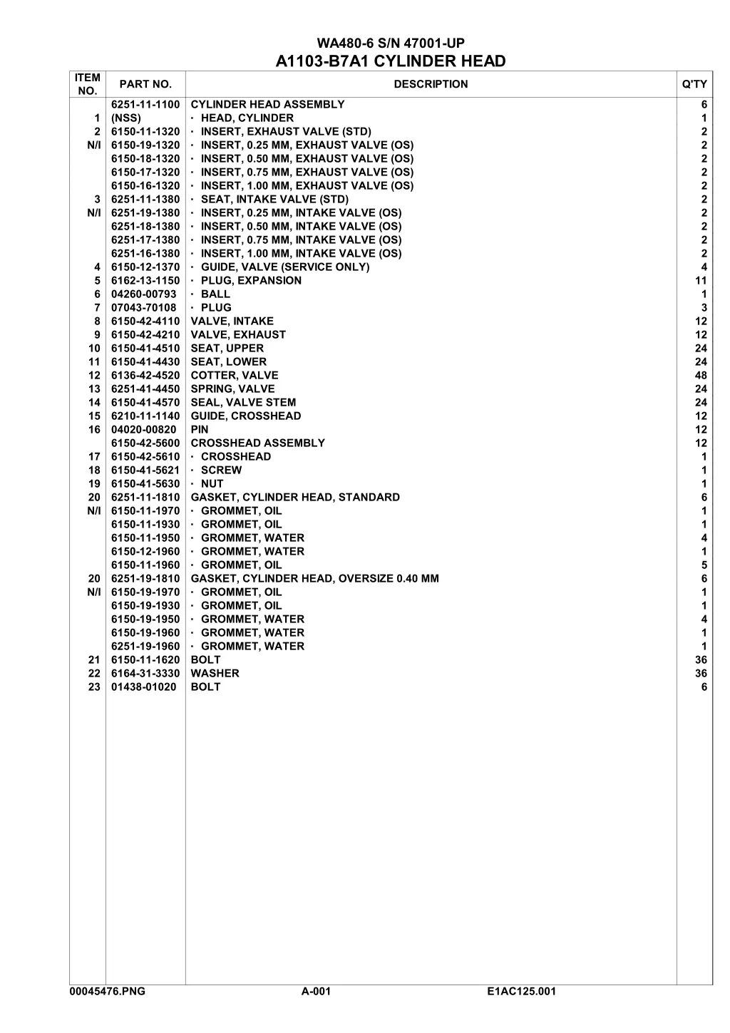wa480 6 s n 47001 up a1103 b7a1 cylinder head
