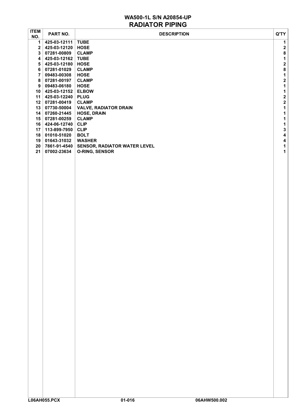 wa500 1l s n a20854 up radiator piping