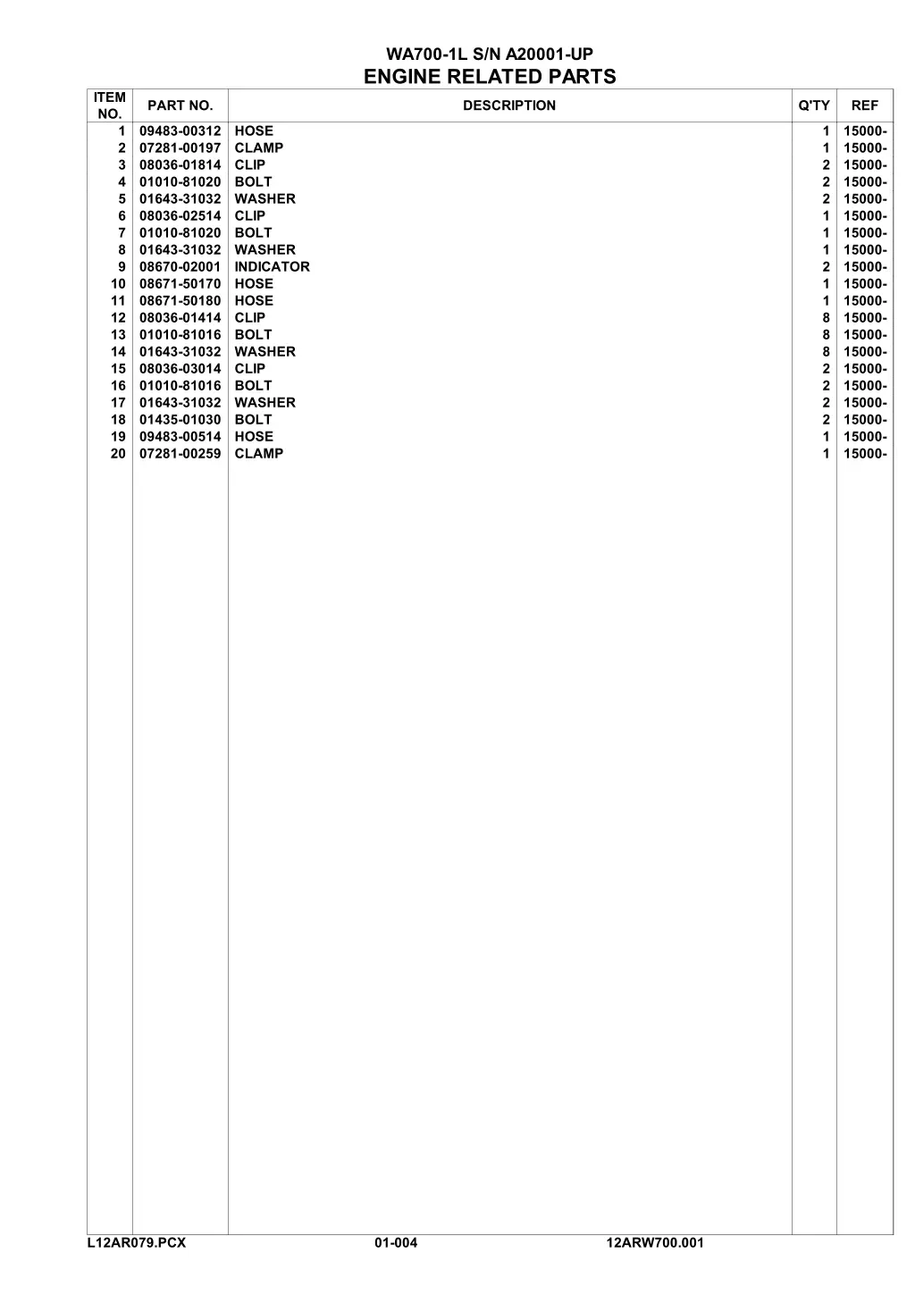 wa700 1l s n a20001 up engine related parts