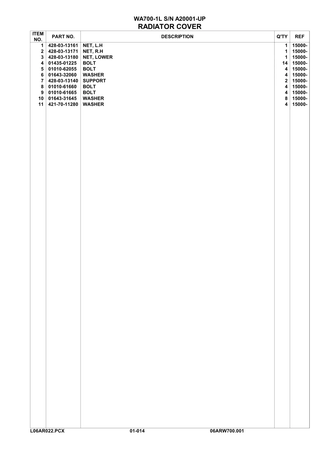 wa700 1l s n a20001 up radiator cover