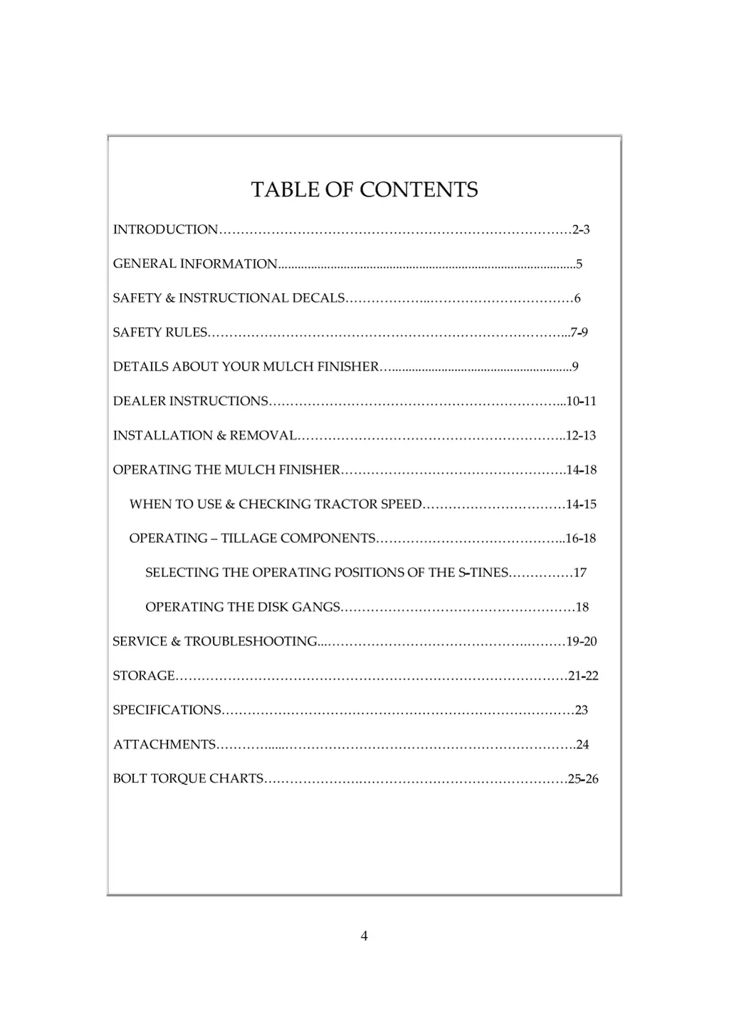 table of contents