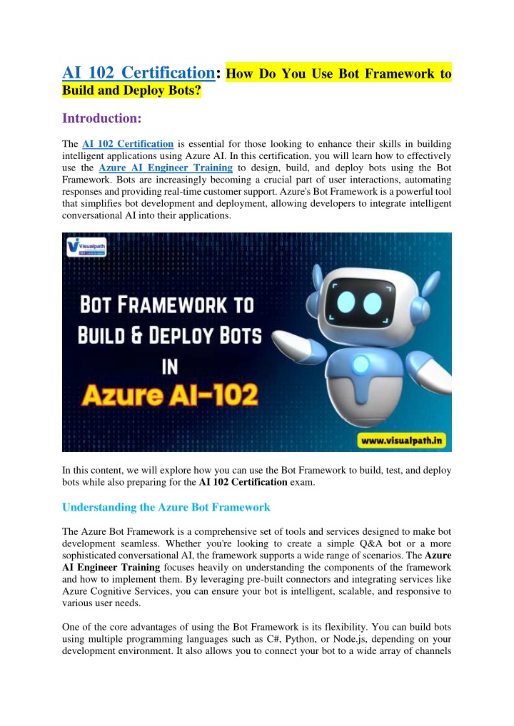 ai 102 certification how do you use bot framework