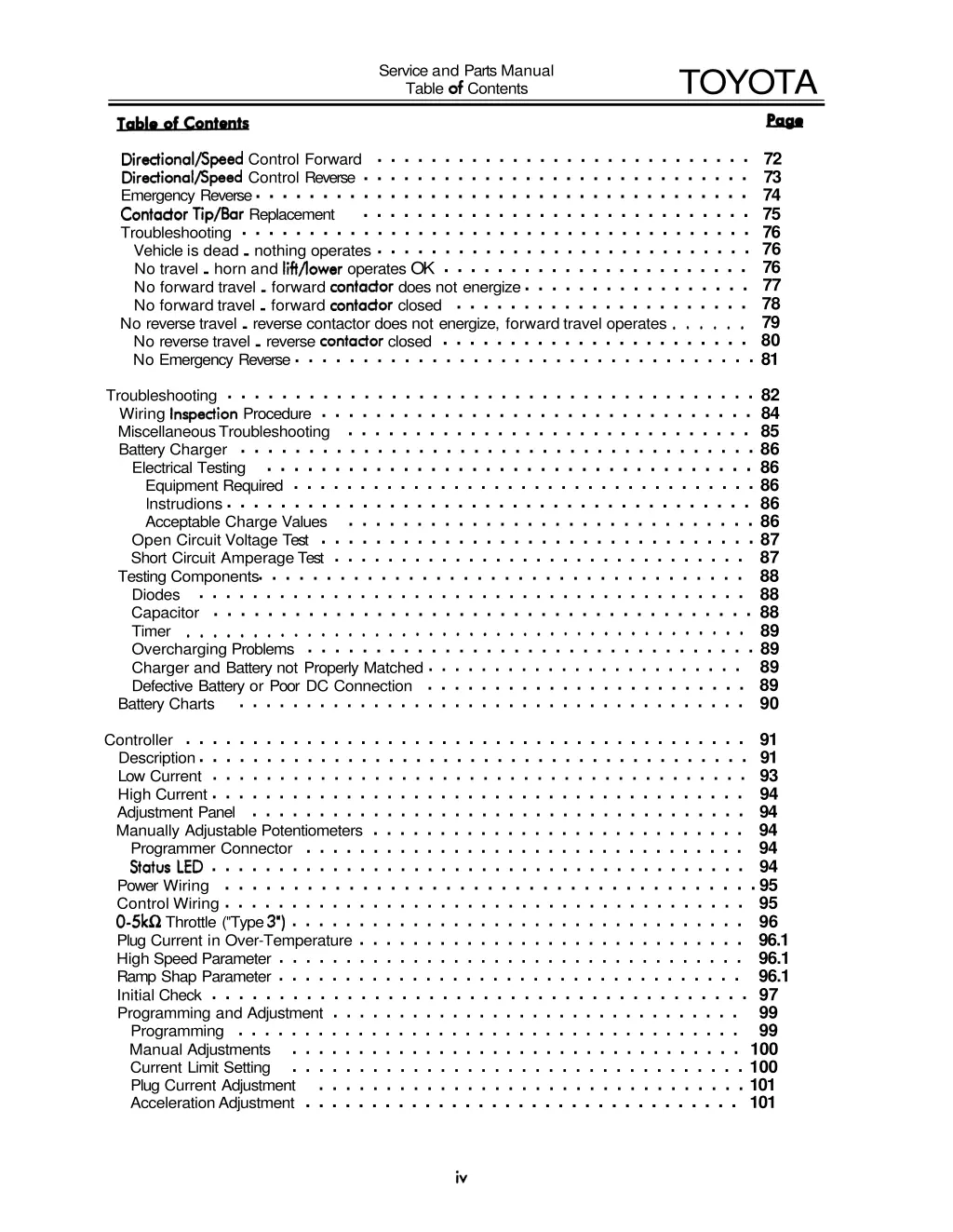 service and parts manual table of contents 2