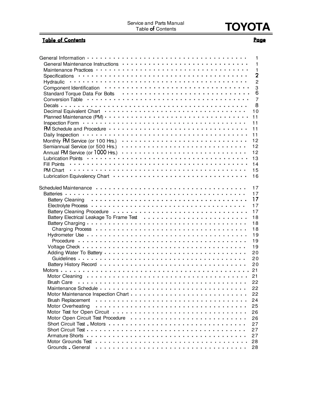 service and parts manual table of contents