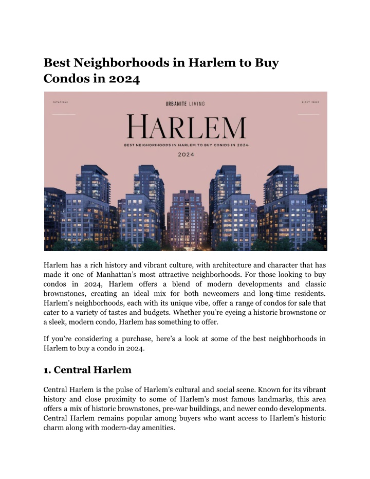 best neighborhoods in harlem to buy condos in 2024