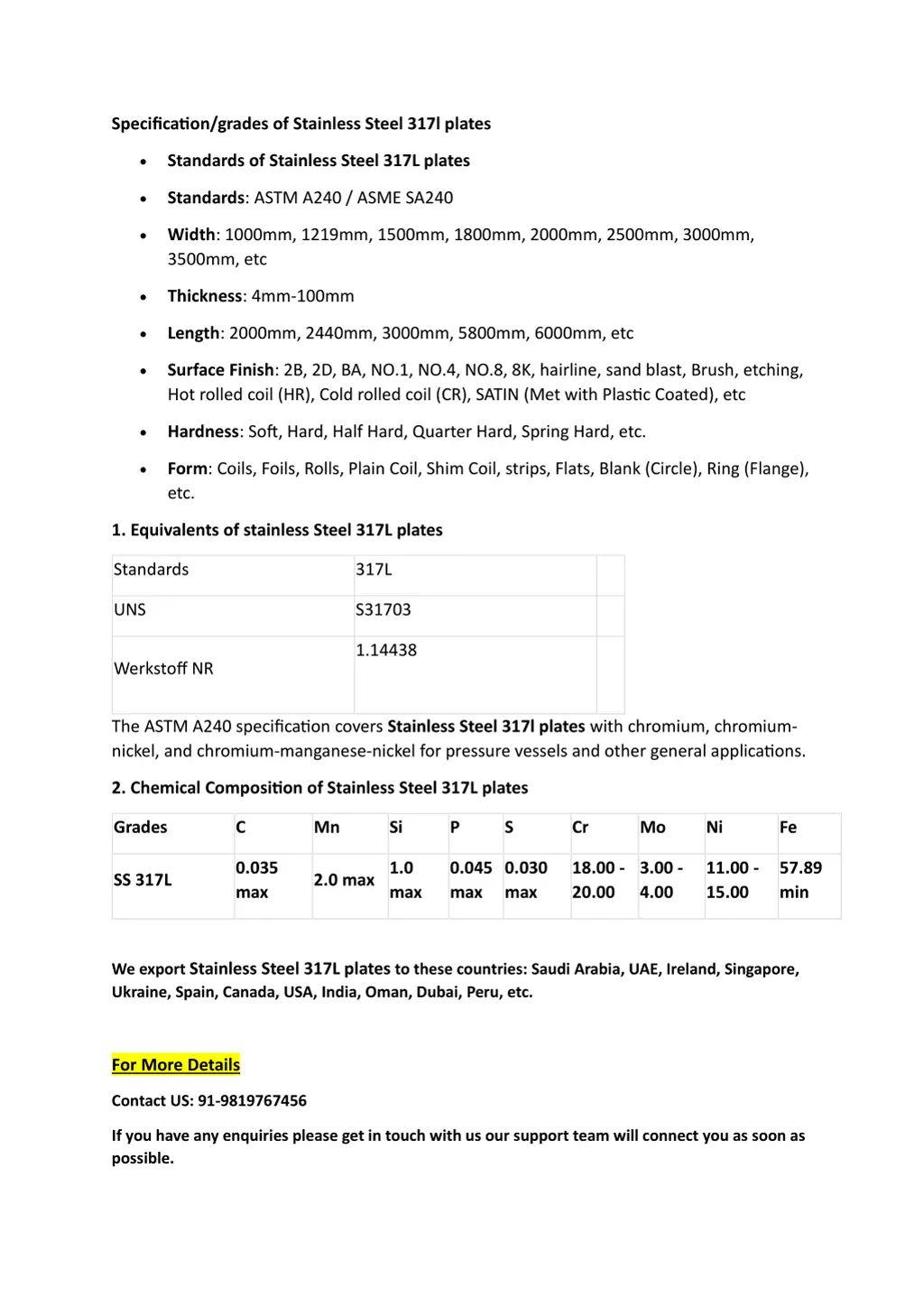 specification grades of stainless steel 317l