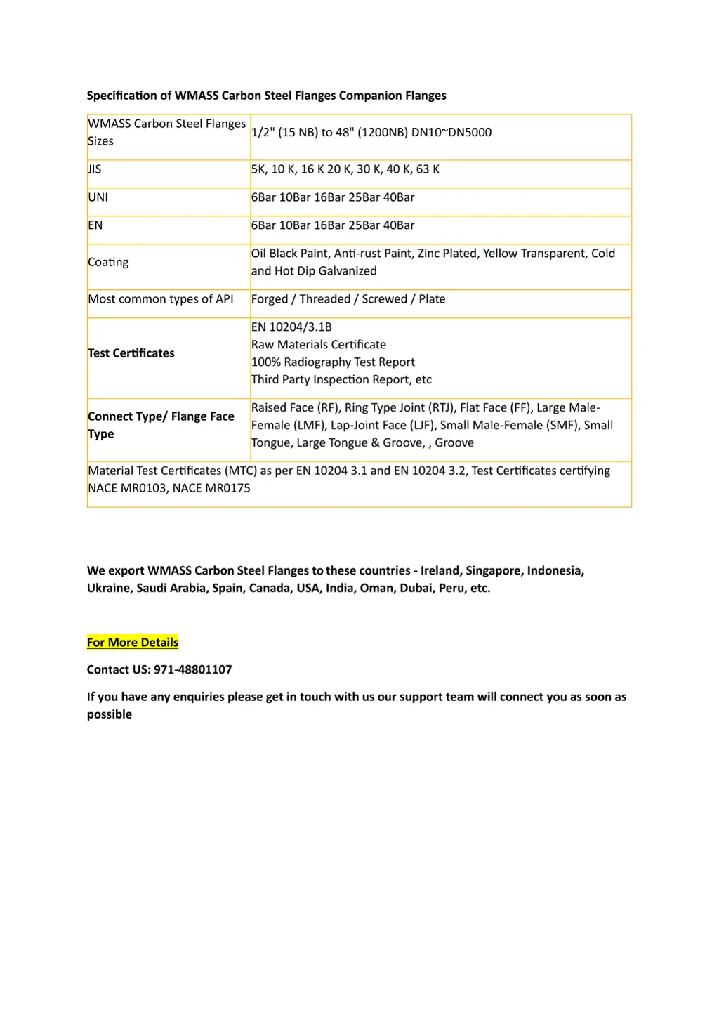 specification of wmass carbon steel flanges