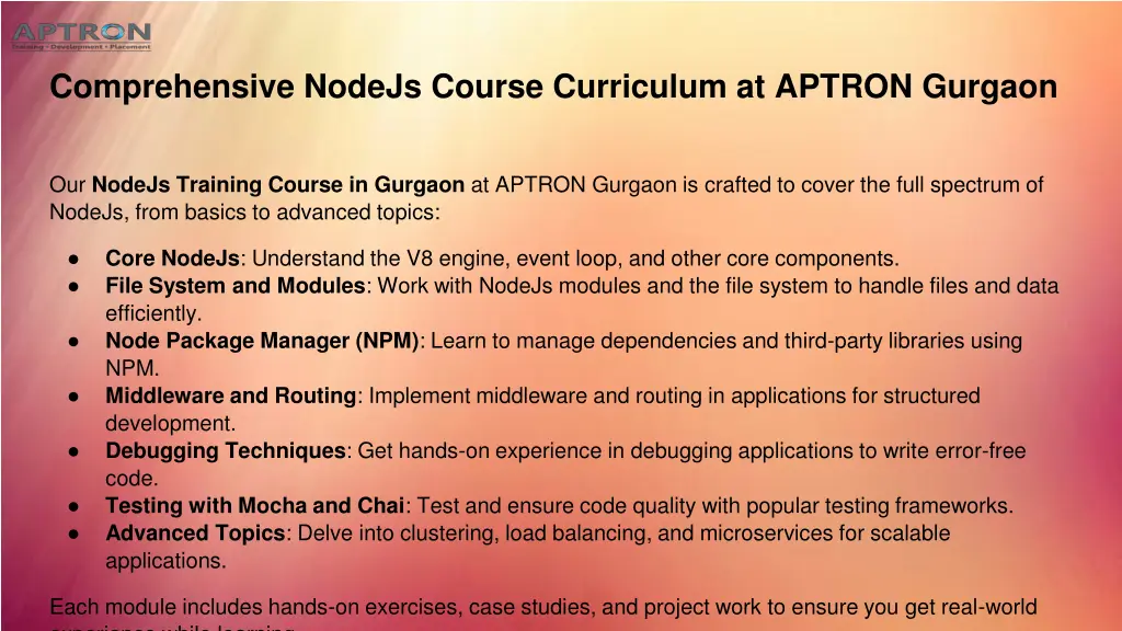 comprehensive nodejs course curriculum at aptron