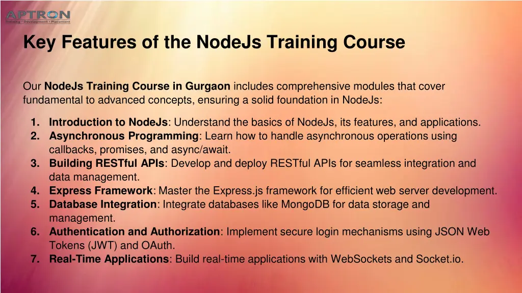 key features of the nodejs training course