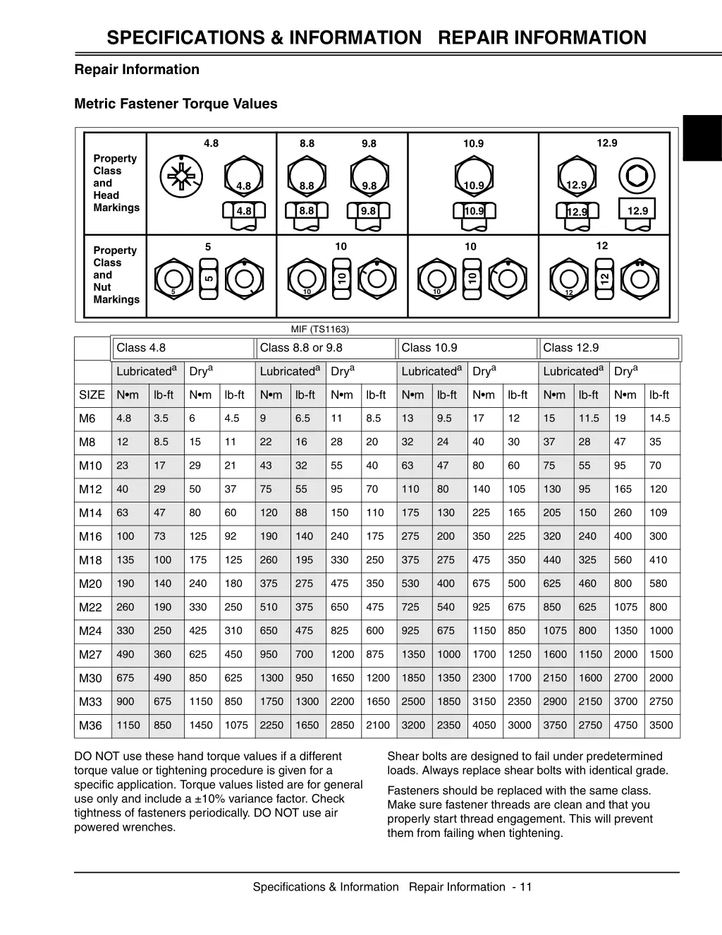 specifications information repair information