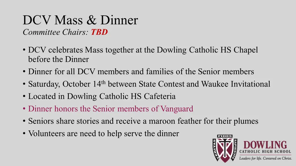 dcv mass dinner committee chairs tbd