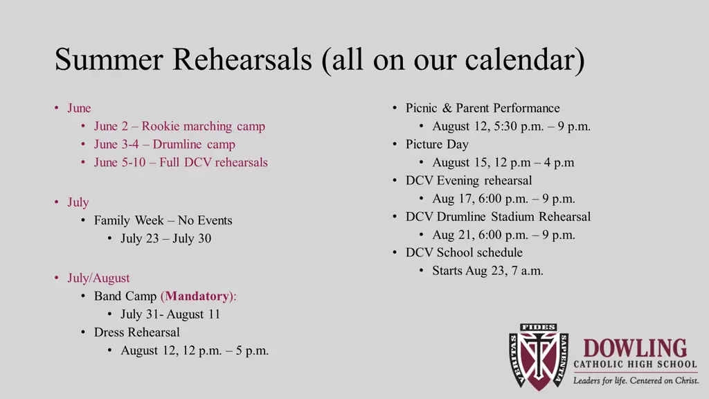 summer rehearsals all on our calendar