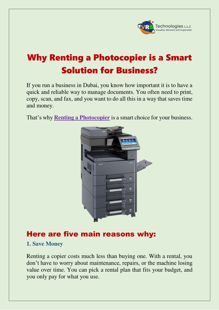 why renting a photocopier is a smart solution