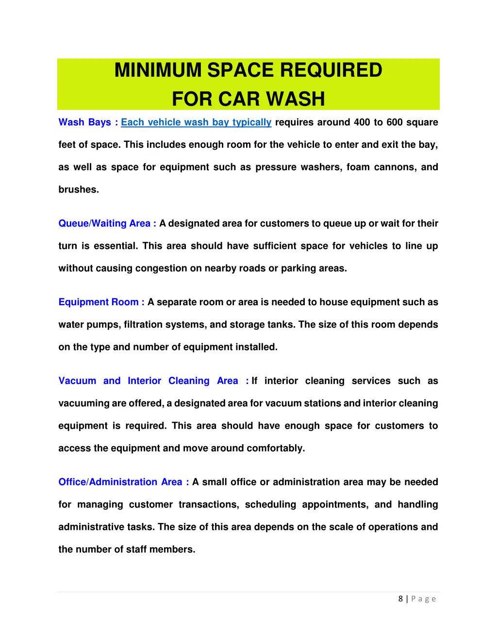 minimum space required for car wash