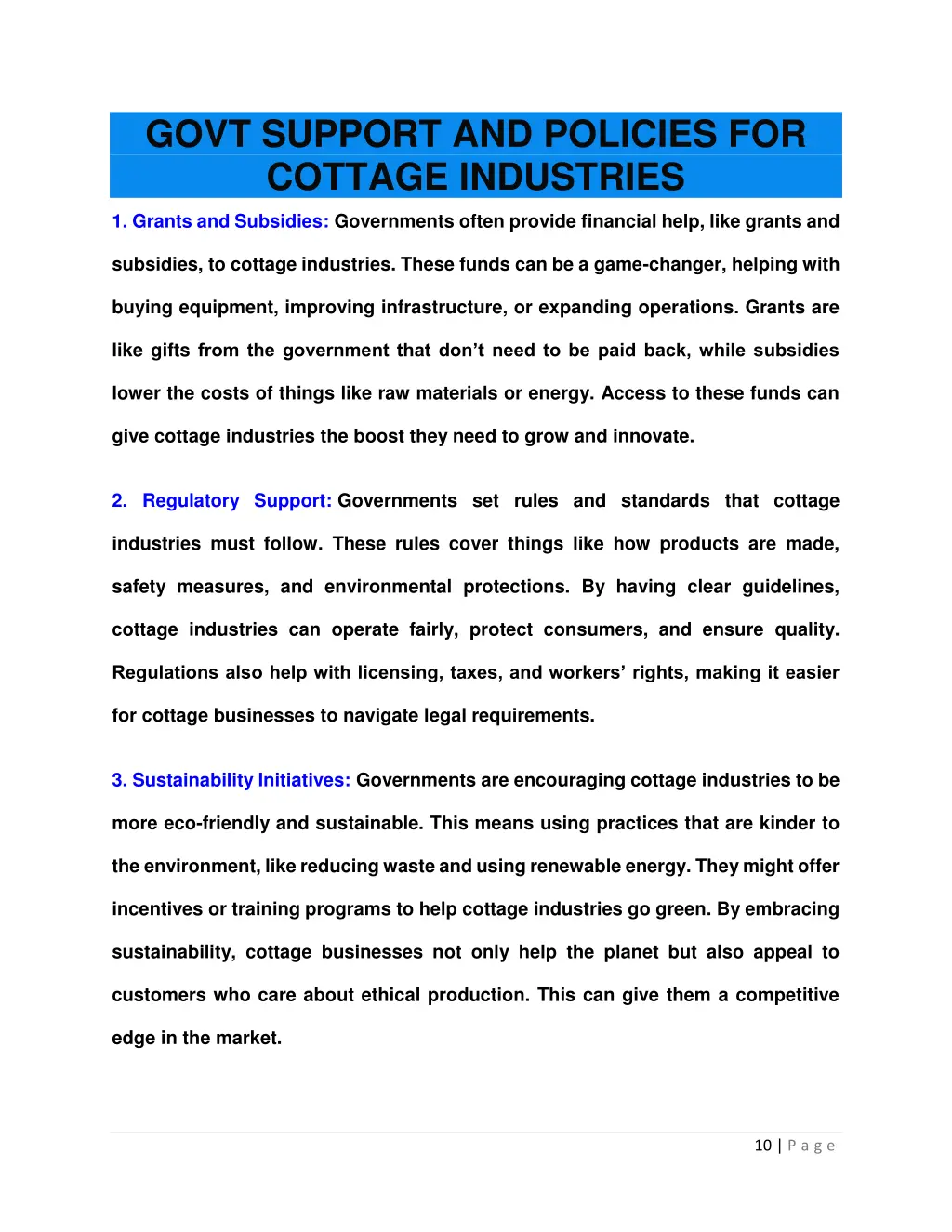 govt support and policies for cottage industries