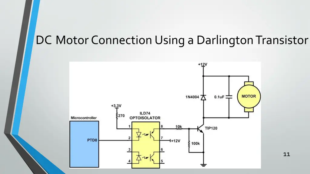 dc motor connection using a darlington transistor