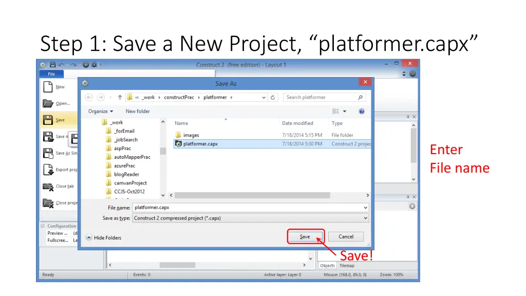 step 1 save a new project platformer capx