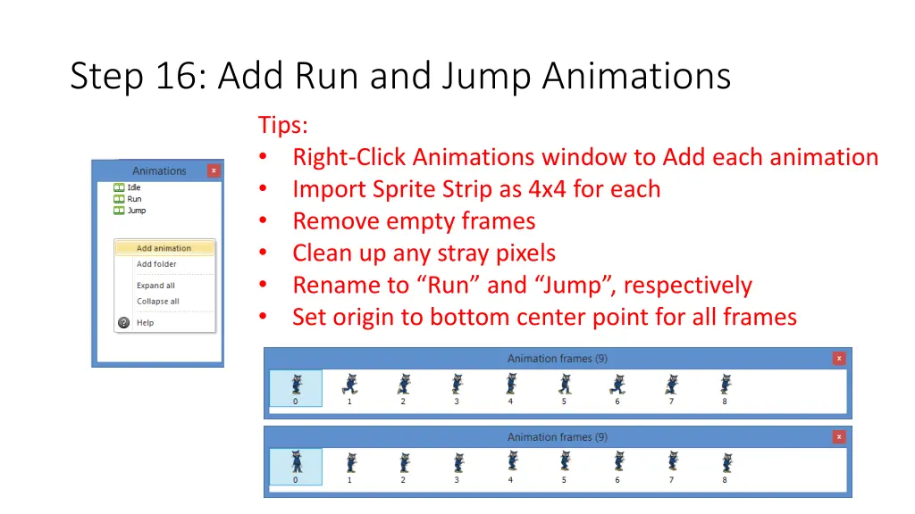 step 16 add run and jump animations