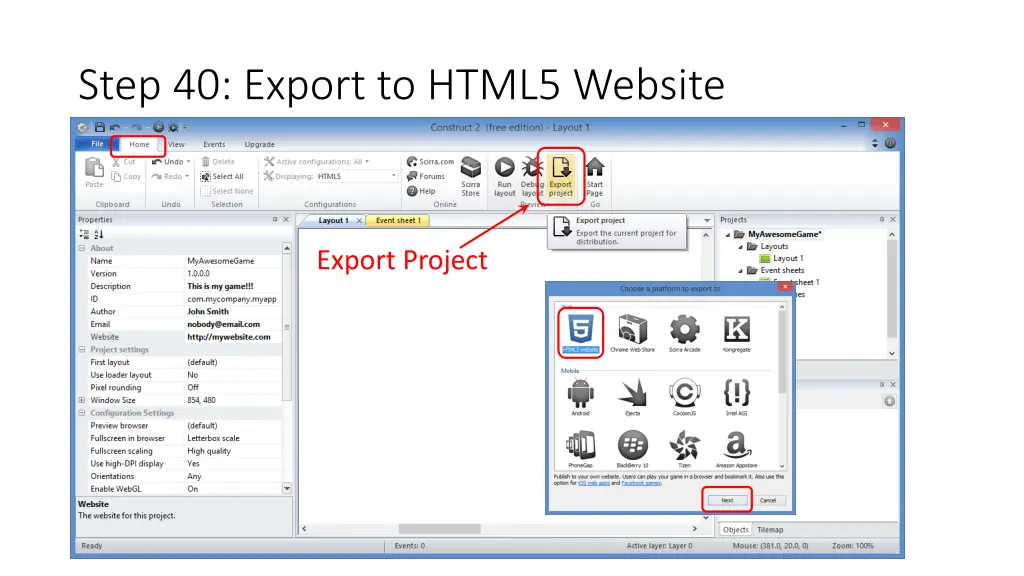 step 40 export to html5 website