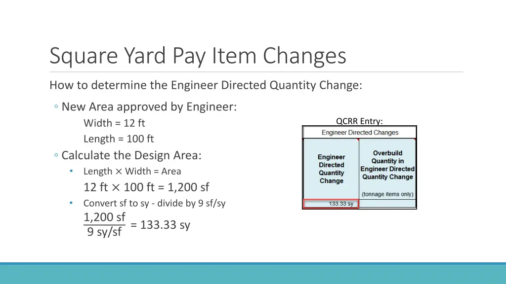 square yard pay item changes