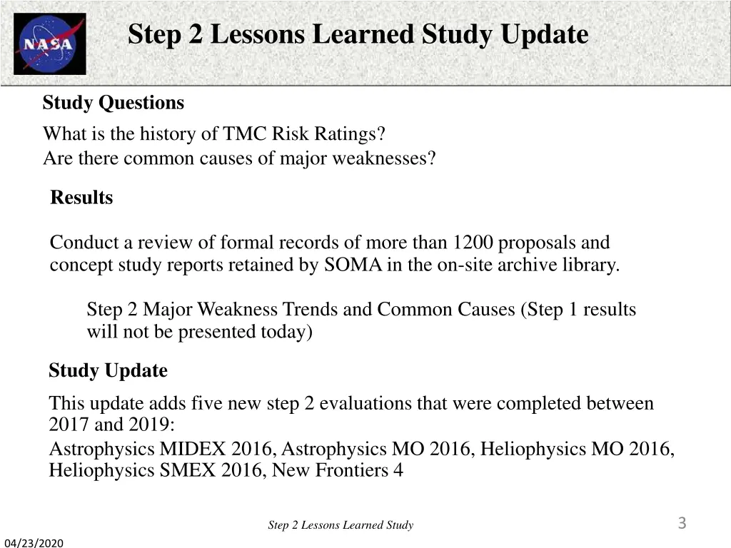 step 2 lessons learned study update