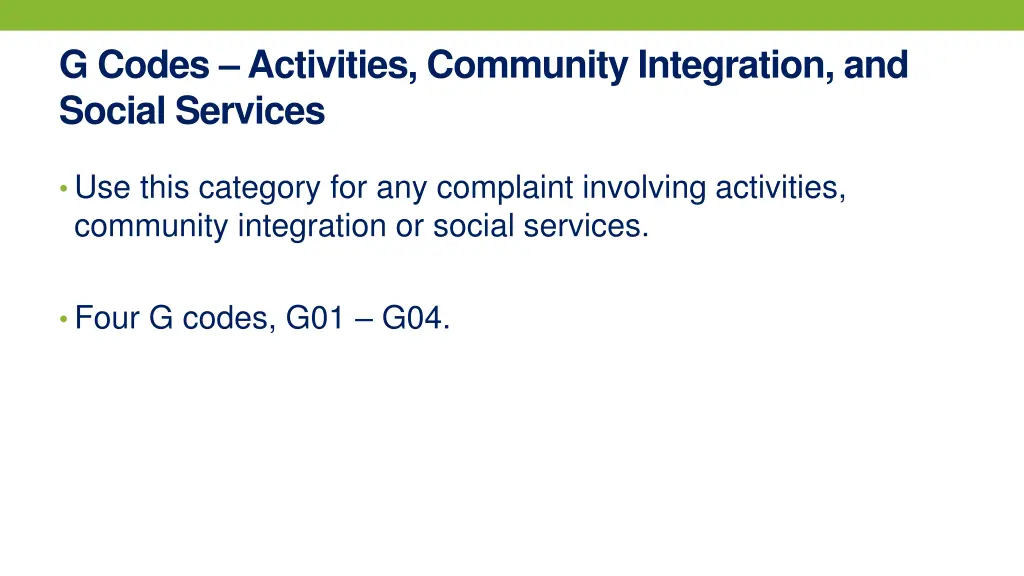 g codes activities community integration