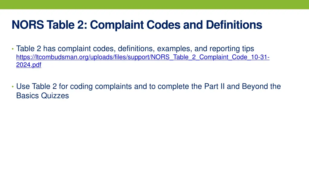 nors table 2 complaint codes and definitions