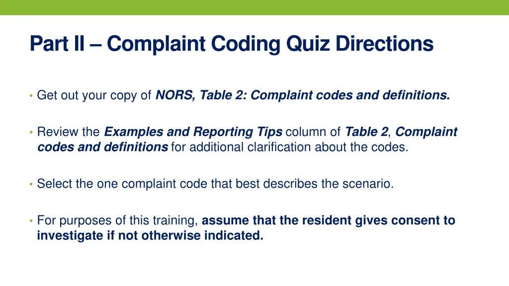 part ii complaint coding quiz directions