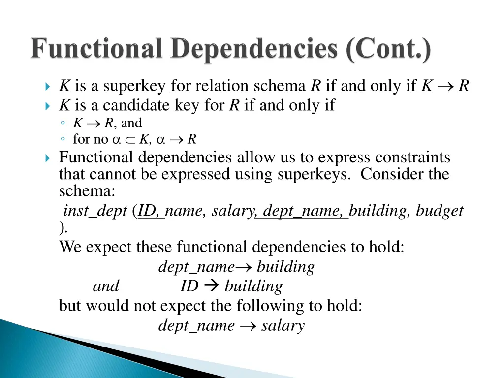 k is a superkey for relation schema r if and only