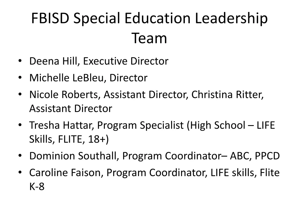 fbisd special education leadership team