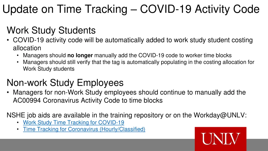 update on time tracking covid 19 activity code