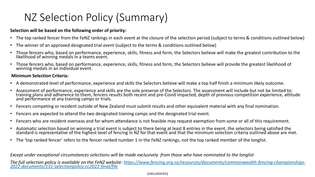 nz selection policy summary