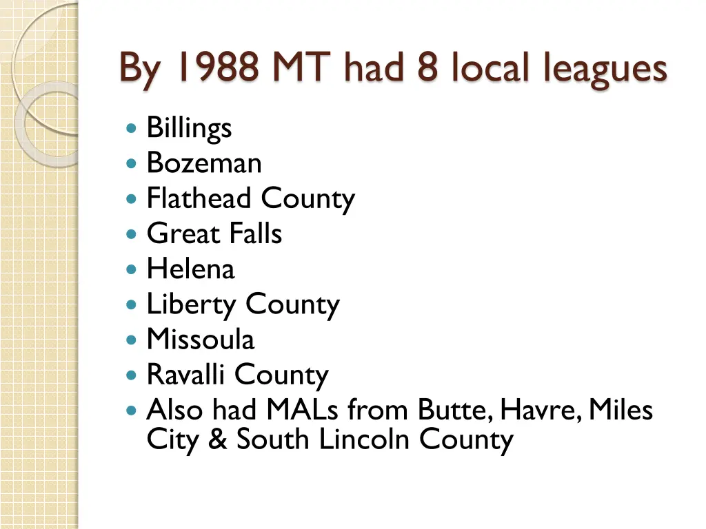 by 1988 mt had 8 local leagues