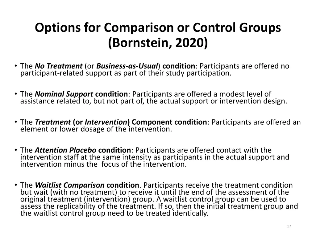 options for comparison or control groups