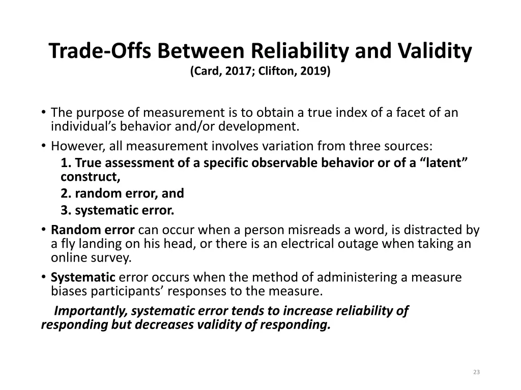 trade offs between reliability and validity card