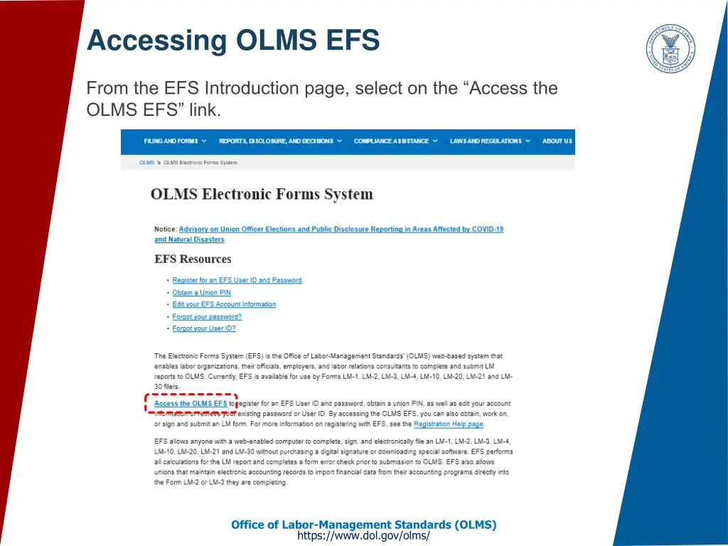 accessing olms efs