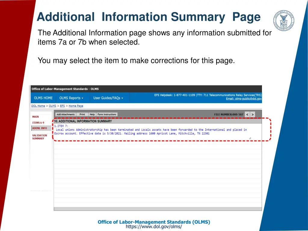 additional information summary page