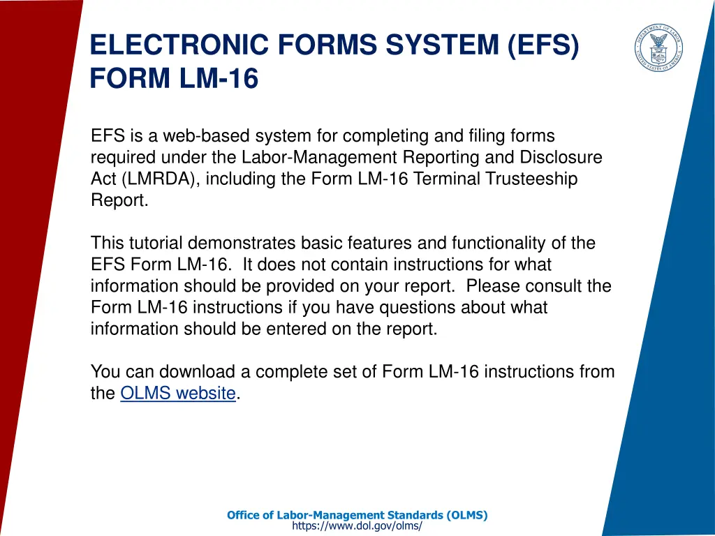 electronic forms system efs form lm 16