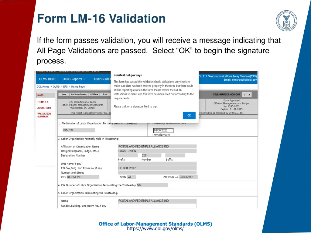 form lm 16 validation