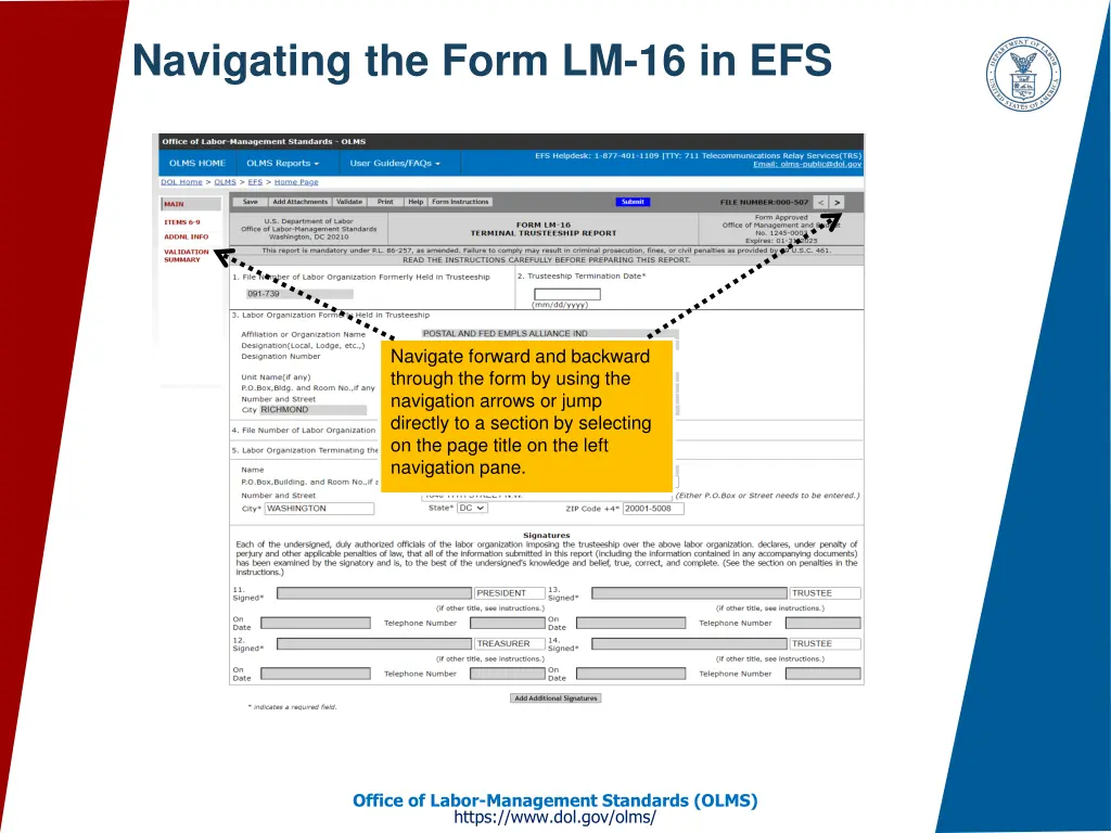 navigating the form lm 16 in efs