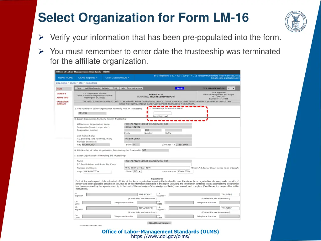 select organization for form lm 16