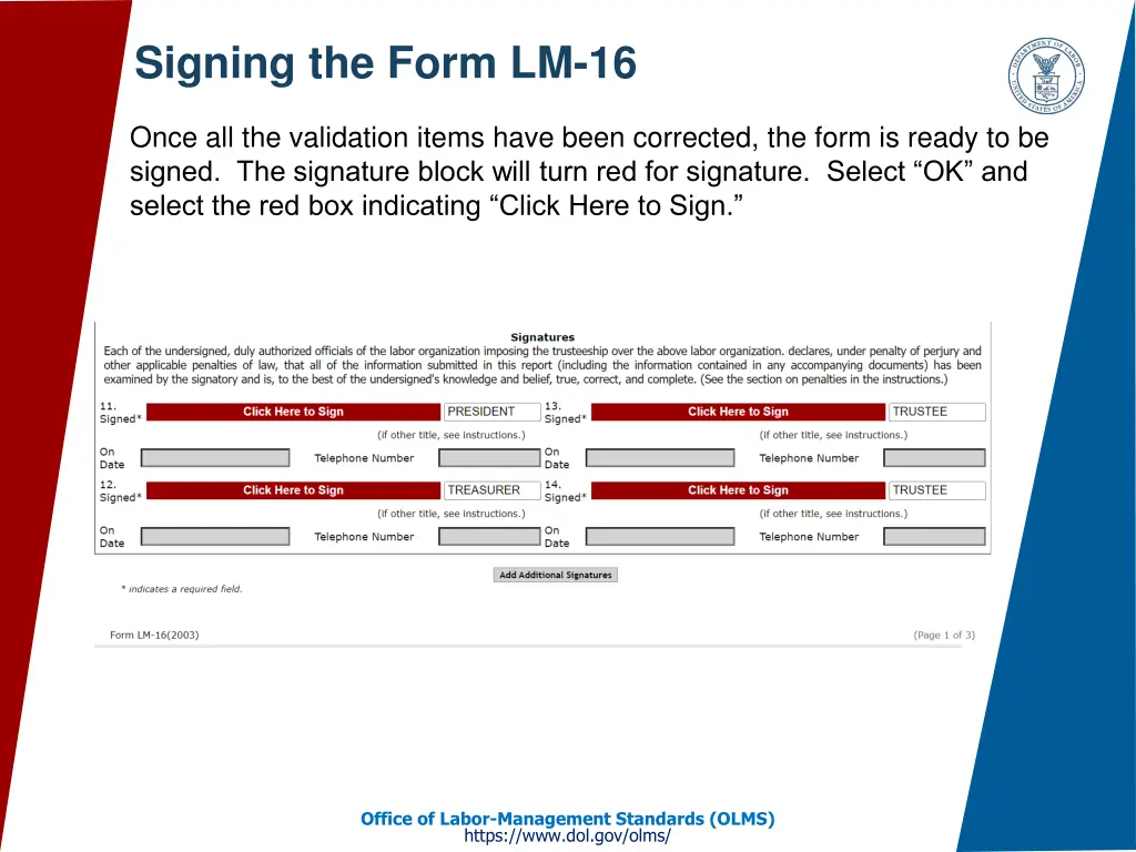 signing the form lm 16