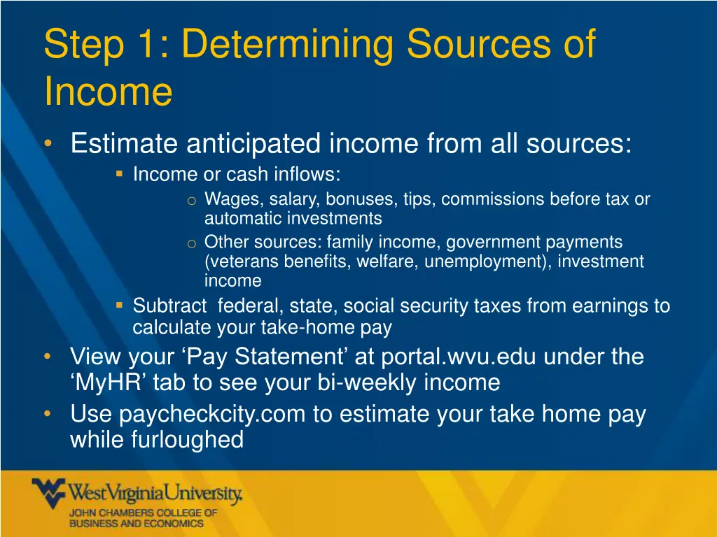 step 1 determining sources of income estimate