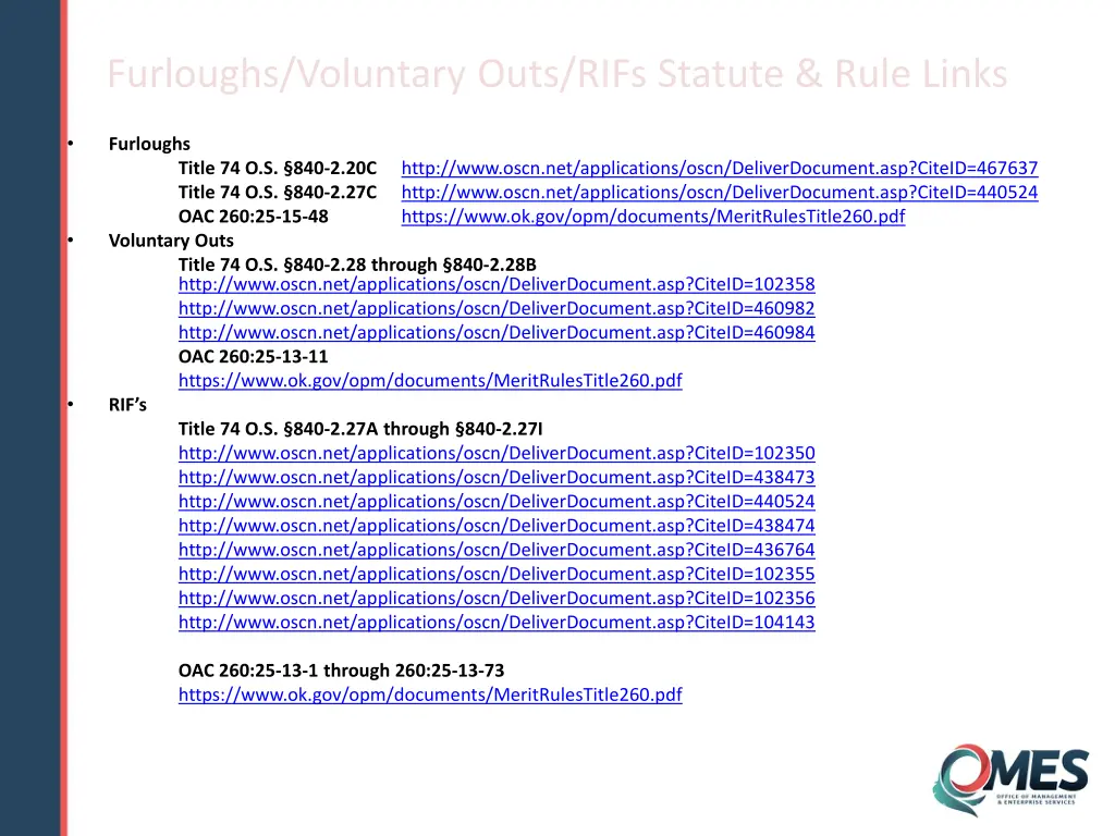 furloughs voluntary outs rifs statute rule links