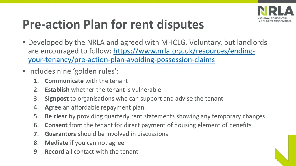 pre action plan for rent disputes