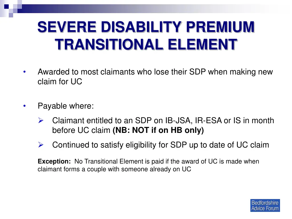 severe disability premium transitional element