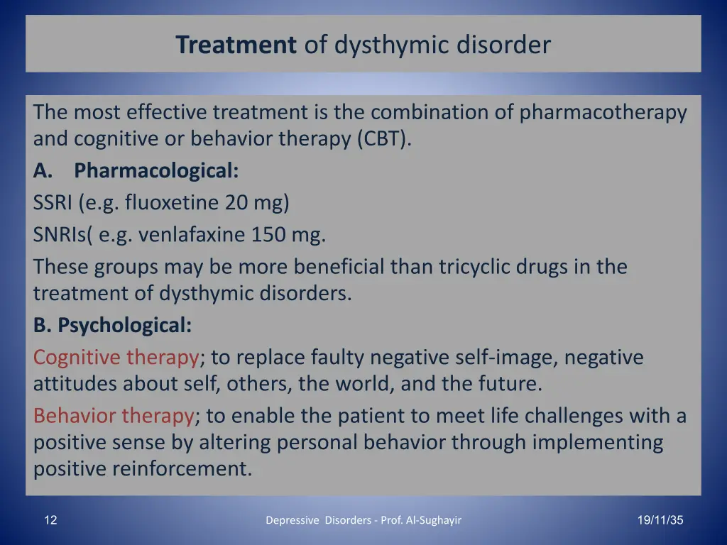 treatment of dysthymic disorder