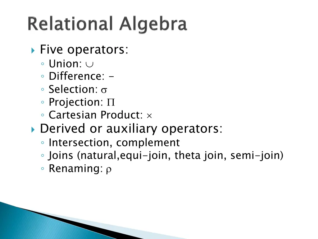 five operators union difference selection